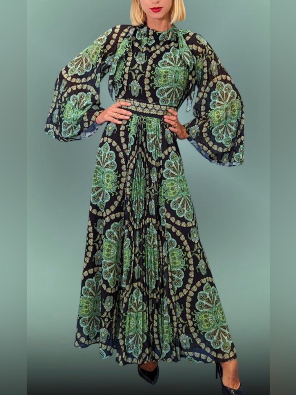 Boho Maxi long sleeve Dress with Green Medallion Print